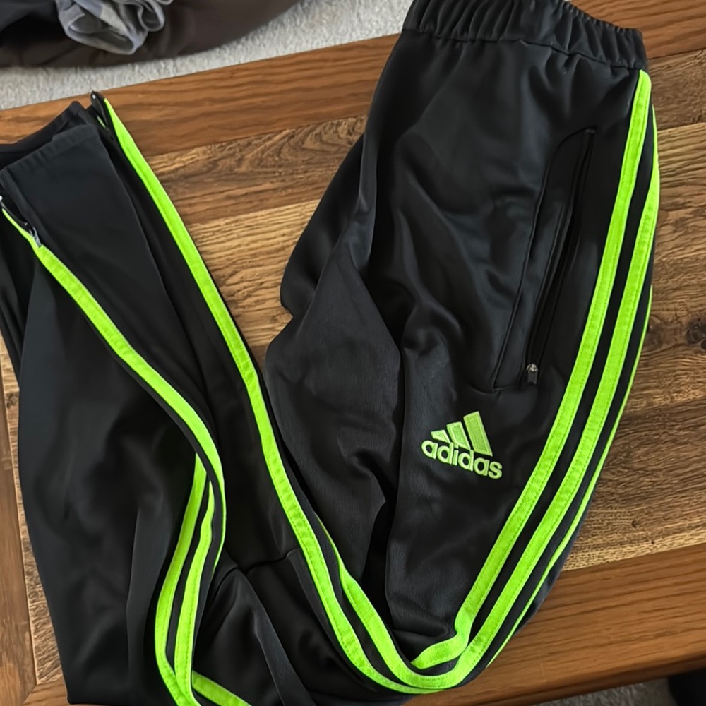 Adidas Black and Green Track Pants with Neon Stripes